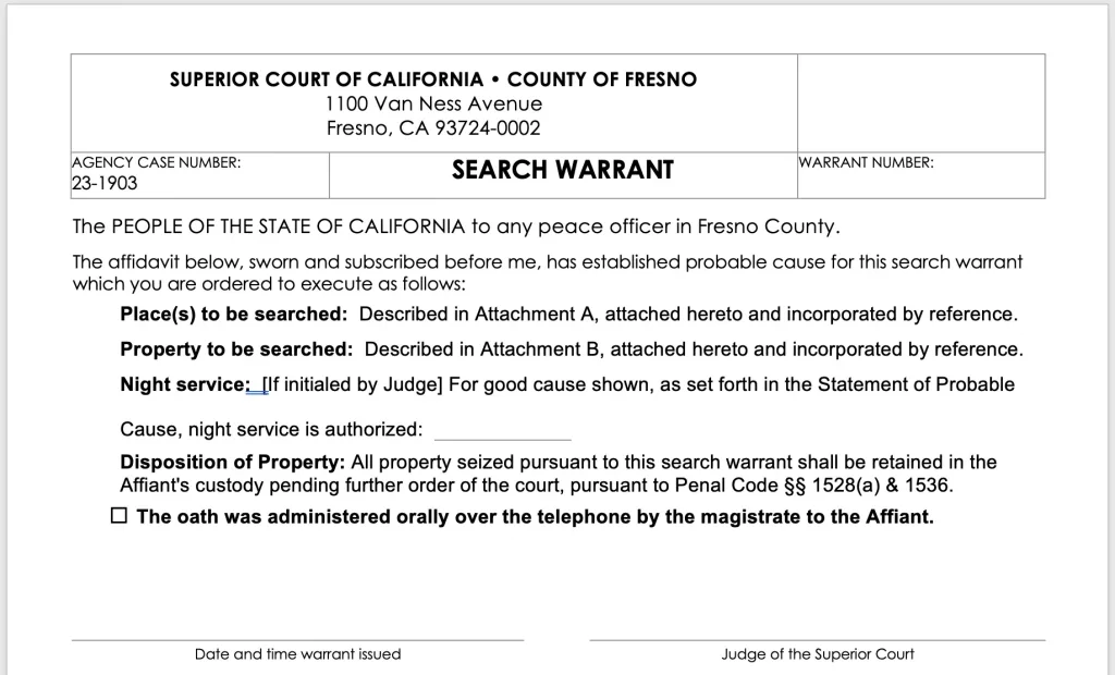 Search warrant header