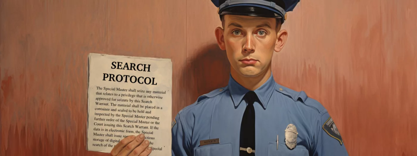 Police officer holding a document labeled Search Protocol, representing law enforcement procedures for executing search warrants.